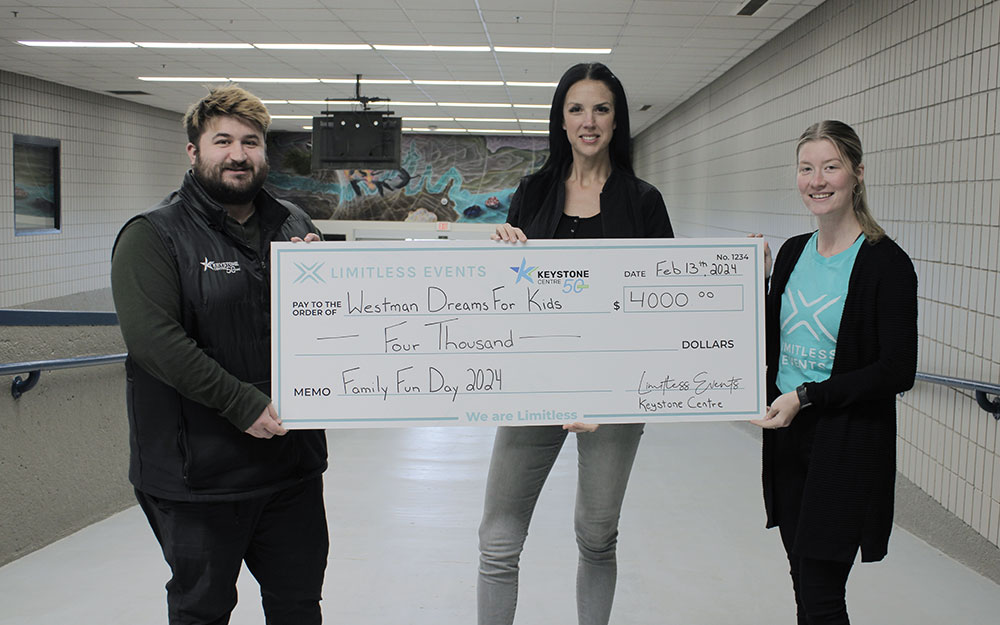 Cheque presentation to Westman Dreams for Kids from Limitless Events and Keystone Centre, proceeds from Family Fun Day 2024.